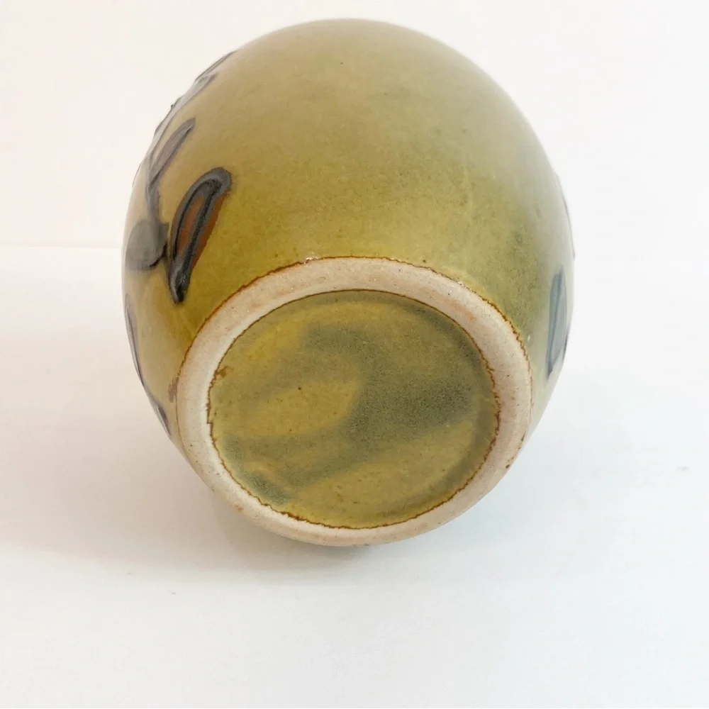 Vintage 70s Vibe Hand Painted Flowers Tan Pottery Vase